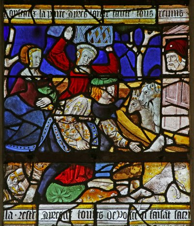 Ventana que representa a Noé y el Arca: cargando el arca (vidriera) de French School