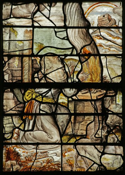 Ventana que representa a Noé haciendo un sacrificio, el arca en el monte Ararat y un arco iris (vidriera) de French School