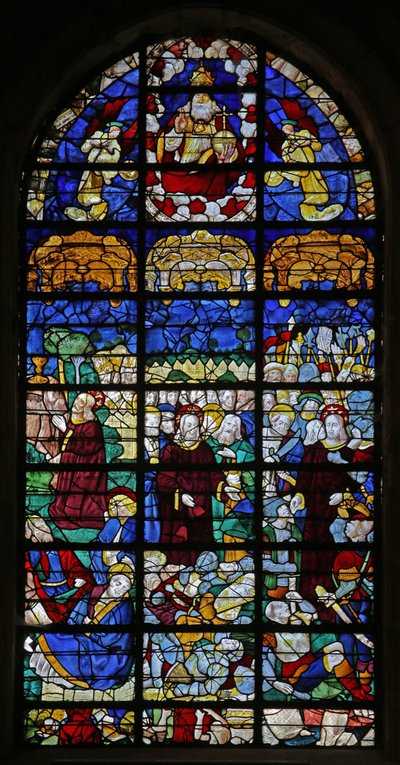 Ventana que representa escenas de la Pasión de French School
