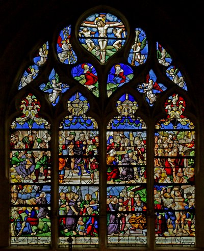 Ventana que representa escenas de la Pasión de French School