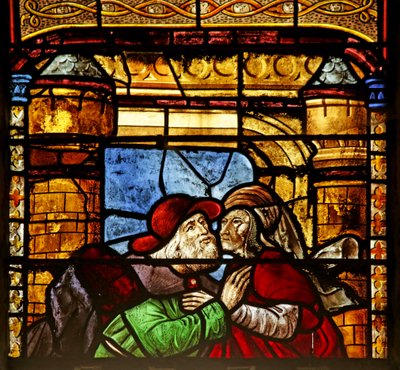 Ventana que representa a Santa Ana y Joaquín en la Puerta Dorada (vidriera) de French School
