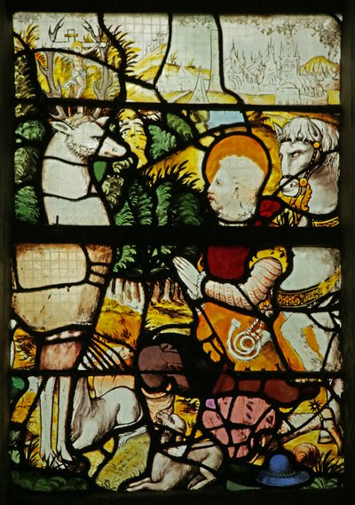 Ventana que representa a San Eustaquio (como Plácido) encontrándose con el ciervo (vidriera) de French School