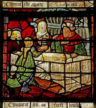 Ventana que representa a San Juan Bautista y Herodes recibiendo su cabeza (vidriera) de French School