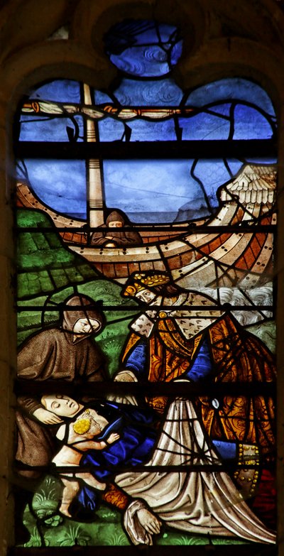 Ventana que representa a Santa María Magdalena: Condesa de Provenza muriendo en peregrinación a Tierra Santa de French School