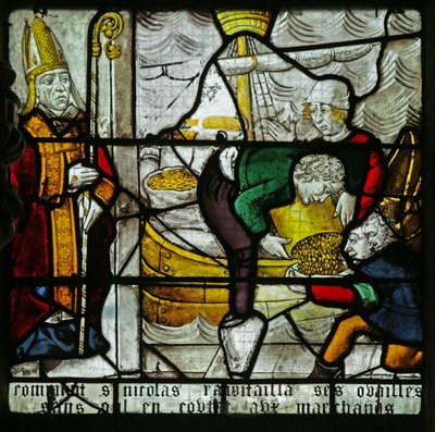 Ventana que representa a San Nicolás y el milagro del trigo (vidriera) de French School