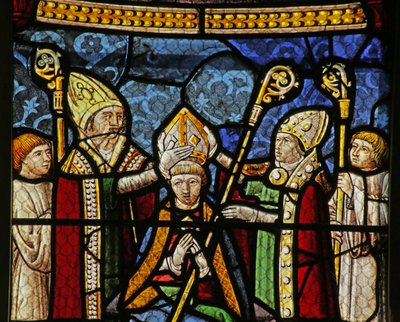 Ventana que representa a San Nicolás convirtiéndose en Obispo de Myra de French School