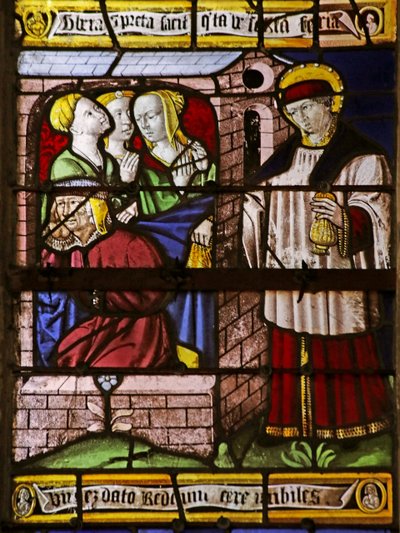 Ventana que representa a San Nicolás dejando dinero para el padre de tres niñas para evitar que se prostituyan (vidriera) de French School