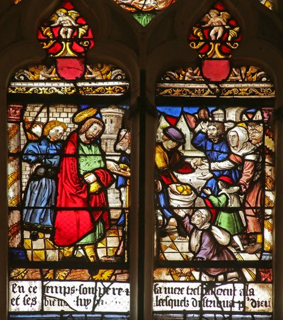 Ventana que representa la caridad de San Roque alimentando a los pobres (vidriera) de French School