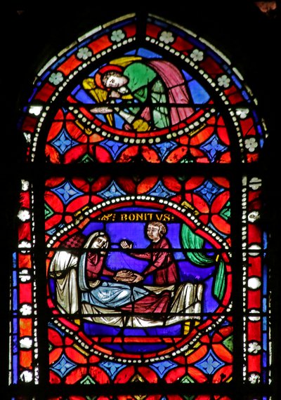Vidriera que representa una escena de la vida de San Bonnet: curación de una mujer ciega de French School