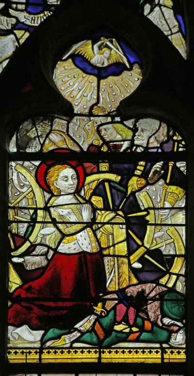 Vidriera que representa a Santa Catalina rezando y ángeles rompiendo la rueda arrojando piedras, 1460-70 de French School