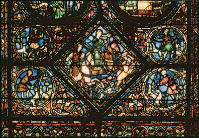 Ventana que representa a San Eustaquio persiguiendo a un ciervo de French School
