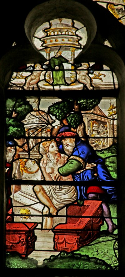 Ventana que representa a Susana siendo acosada mientras se baña (vidriera) de French School