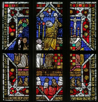 Ventana que representa a un Sacerdote elevando la Hostia y las Almas en el Purgatorio de French School