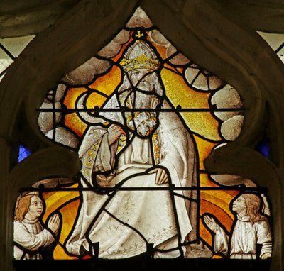 Ventana que representa una escena del Libro de la Revelación: Dios con hoz de French School