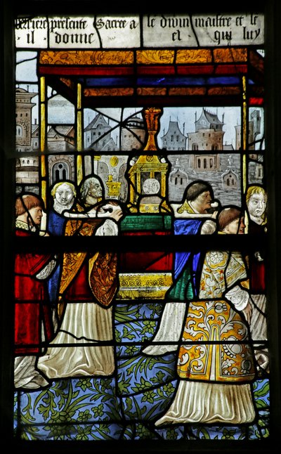 Vidriera que representa una procesión del Santísimo Sacramento (detalle) de French School