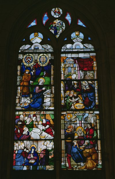 Ventana que representa la Anunciación, Natividad, Presentación y Adoración de los Magos de French School