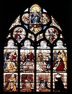 Ventana que representa la Asunción de la Virgen y los donantes, el Mariscal de Montigny y su esposa, Gabrielle de Crevent, de la Capilla de las Fuentes Bautismales, 1619 de French School
