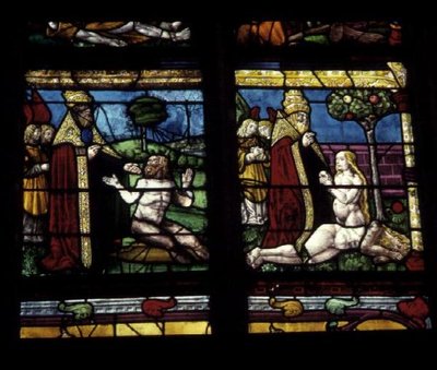 Vidriera que representa la Creación de Adán y Eva de French School