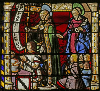 Vidriera que representa a los donantes Claude de Crépy y sus hijos con San Claudio y San Pedro de French School