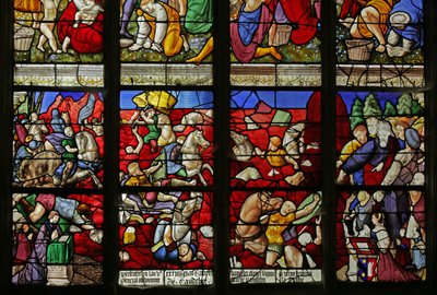 Ventana que representa a los israelitas cruzando el Mar Rojo y el ejército del faraón ahogándose (vidriera) de French School