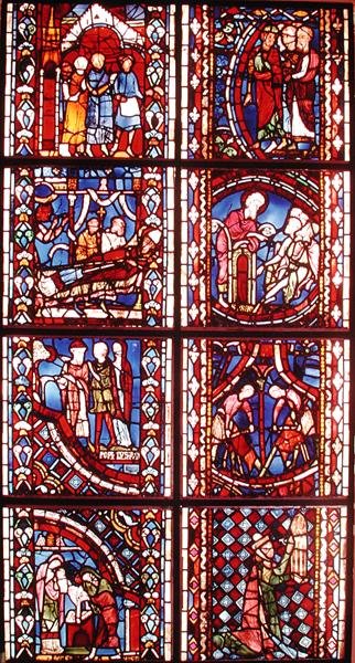 Ventana que representa la Leyenda de San Nicolás, la Muerte de San Martín, San Juan Bautista Predicando en el Desierto, Circuncisión de San Juan Bautista, Leyenda de San Esteban, Sermón de San Juan de French School