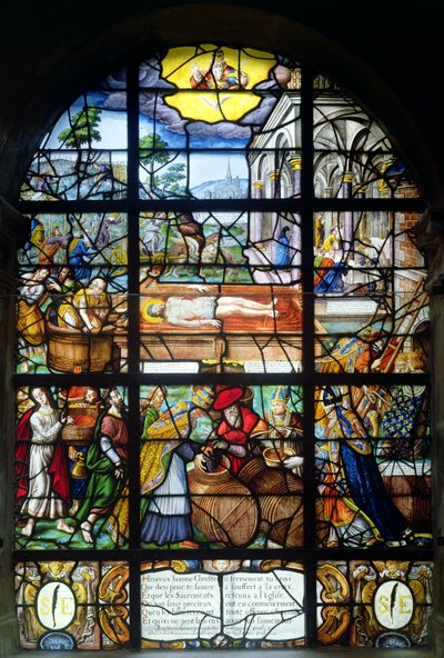 Ventana que representa la Prensa de Vino Mística, 1612-22 de French School