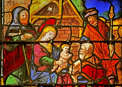 Ventana que representa la Natividad y la Adoración de los pastores (vidriera) de French School
