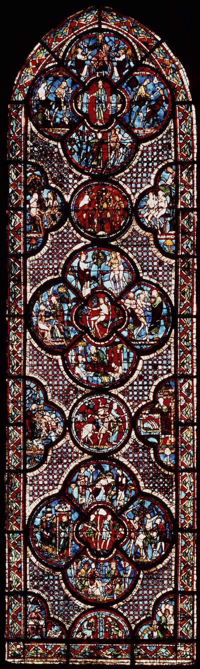 Ventana que representa la parábola del buen samaritano de French School