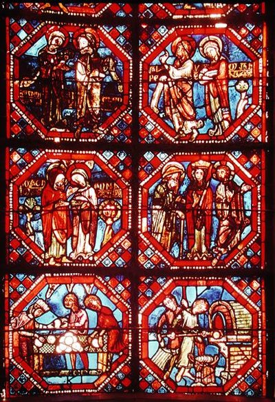 Ventana que representa a los Padres de Cristo y panaderos horneando y vendiendo pan, del ábside de French School