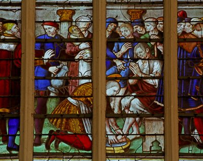Ventana que representa los actos piadosos y caritativos de San Luis sometiéndose a la flagelación de French School