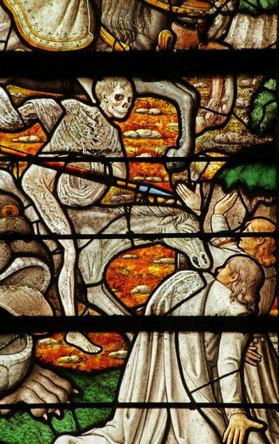 Ventana que representa la Revelación: los Cuatro Jinetes del Apocalipsis de French School