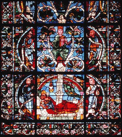 Ventana que representa el Árbol de Jesé, (detalle) de la mitad inferior (vidriera) de French School