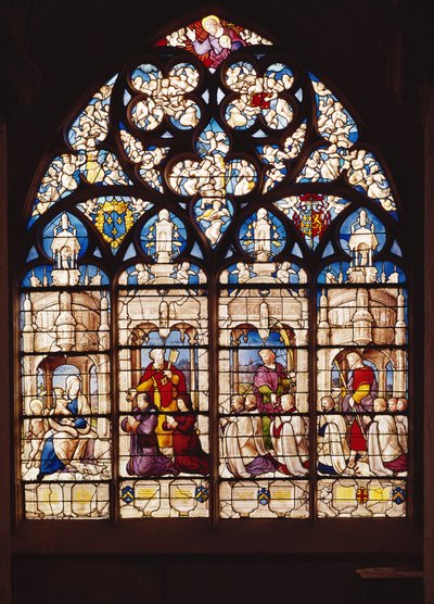 Vidriera que representa a la Virgen y el Niño con San Juan Bautista, San Pedro presentando a Pierre Tullier y su esposa, San Juan presentando a Jehan, François y Pierre Tullier y San Jaime presentando a cuatro de French School