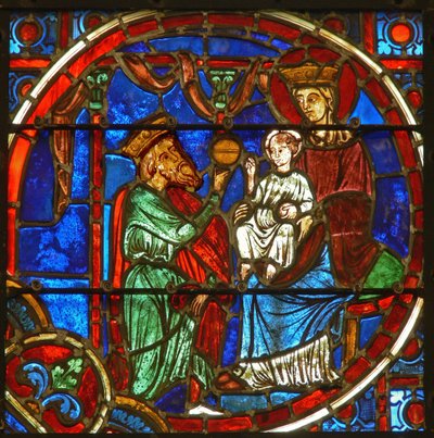 Ventana que representa la adoración de los Magos de French School