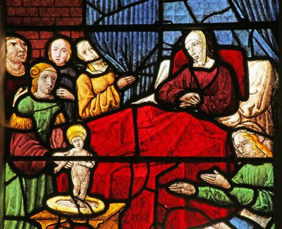 Ventana que representa el nacimiento de San Nicolás de French School