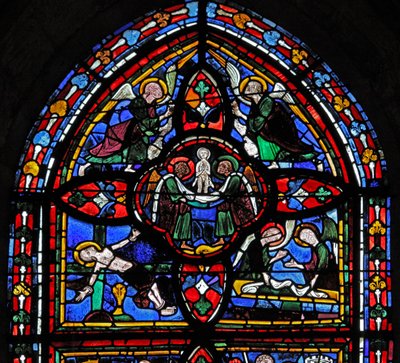 Quinta sección de la ventana w7: la muerte de San Pedro: su alma asciende al cielo de French School