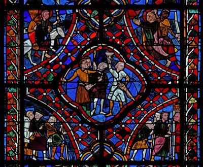 Ventana que representa la cuarta sección de la ventana de Santiago, w5: Un grupo de peregrinos; Una escena de la leyenda de la copa oculta; el martirio del santo de French School