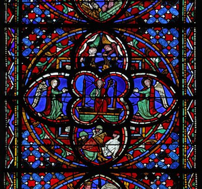 Ventana que representa la cuarta sección de w0: la Resurrección: con los soldados dormidos y ángeles incensarios de French School