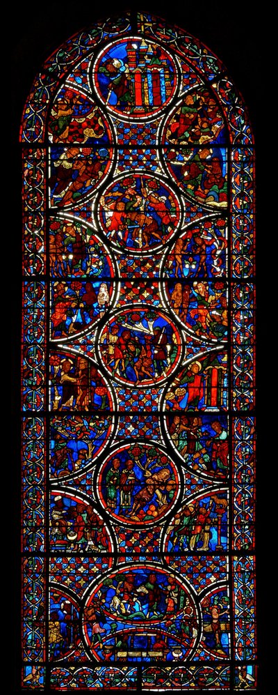 Ventana que representa la parábola del Buen Samaritano de French School