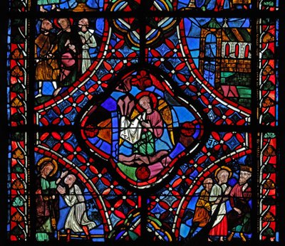 Ventana que representa la segunda sección de la ventana de Santiago, w5: en el centro están los clavos de la Pasión; Fileto es convertido; Hermógenes con Santiago; una iglesia; Santiago con 2 hombres de French School
