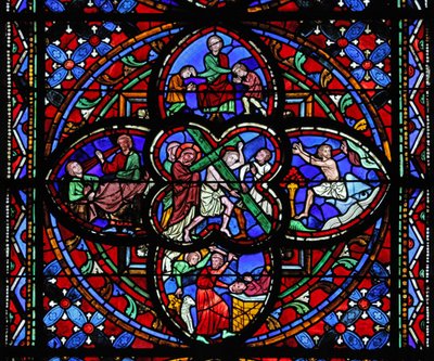 Ventana que representa la segunda sección de w0: el Camino de la Cruz: con Jonás y la ballena; el sacrificio de Abraham; Eliseo sana; Jacob bendice a sus hijos de French School