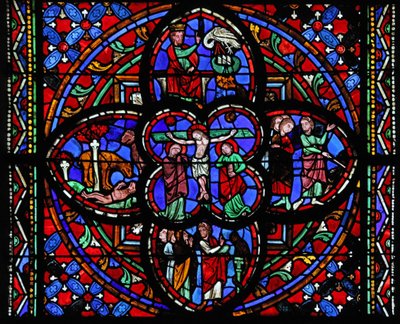 Ventana que representa la tercera sección de la ventana w0 con la Crucifixión: también Moisés golpea la roca en Horeb; la serpiente de bronce; un león revive a sus crías; David y el pelícano de French School