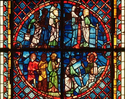 Ventana de la Capilla de la Virgen que representa a los israelitas en el desierto y a Moisés en el Monte Sinaí, c.1240-50 de French School