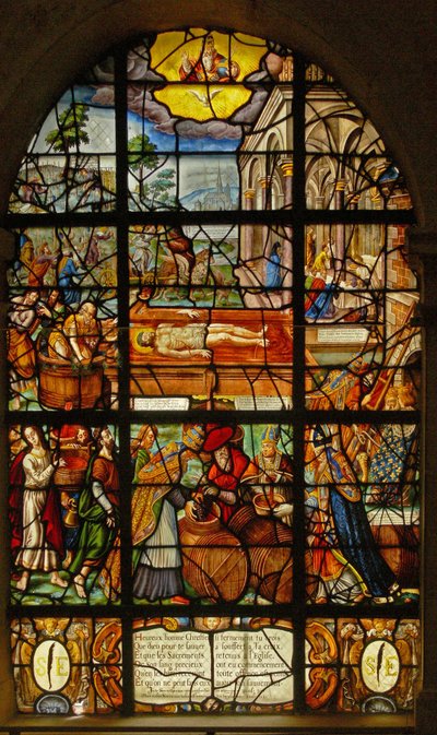 Ventana en el Charnier (w.11) que representa la Prensa Mística de Vino de French School