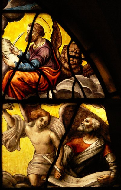 Ventana en el Charnier (w.2) que representa un Detalle del Milagro de la Hostia: San Marcos y San Mateo de French School