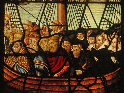 Ventana en el Charnier (w.3) que representa el Arca de la Iglesia y Cristo con un barco lleno de los Fieles de French School