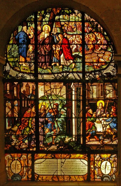 Ventana en el Charnier (w.4) que representa la Alimentación de los 5000 y la reunión y cena en Emaús de French School