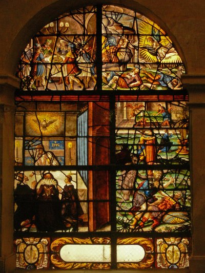 Ventana en el Charnier (w.6) que representa la Pascua, la Pascua de Resurrección y los pecados de French School