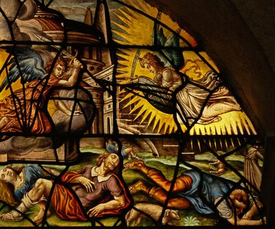 Ventana en el Charnier (w.6) que representa la Pascua y el Ángel de la muerte de French School