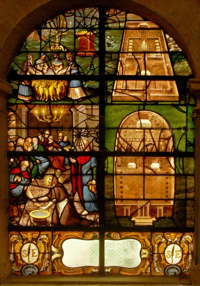 Ventana en el Charnier (w.7) que representa la Antigua y Nueva Dispensación: Lavado de manos y lavado de pies de French School